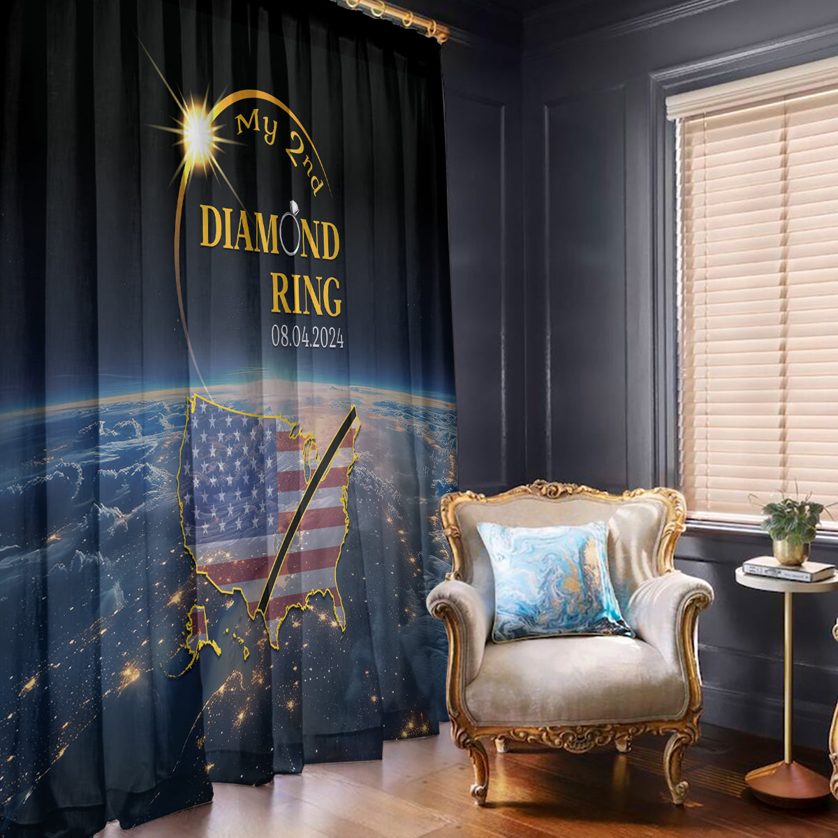 Black window curtains with blue-and-gold eclipse ring design, two hanging panels