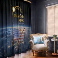 Black window curtains with blue-and-gold eclipse ring design, two hanging panels