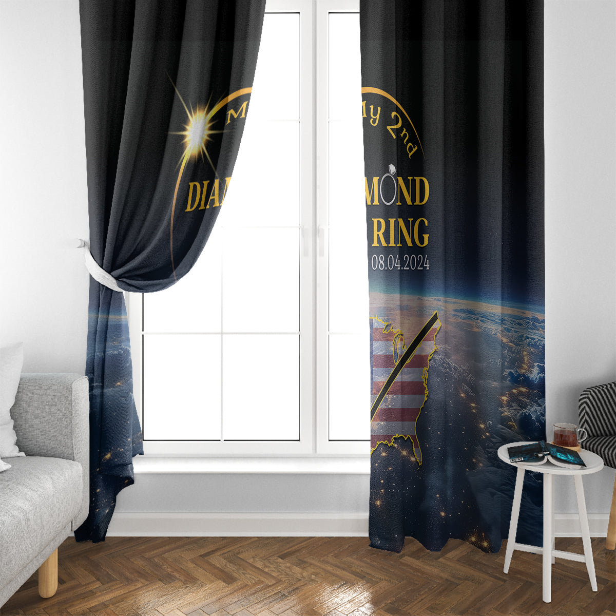 Black window curtains with blue-and-gold eclipse ring print, two panels by a door