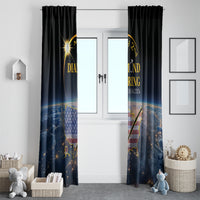 Black window curtains with blue-and-gold eclipse graphic, two hanging panels