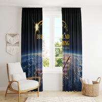 Black window curtains with blue-and-gold ring design, two panels with rod top