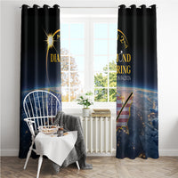 Black window curtains with blue-and-gold eclipse ring graphic, two hanging panels