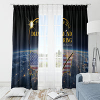 Black window curtains with blue-and-gold eclipse and ring graphic, two panels with overlap
