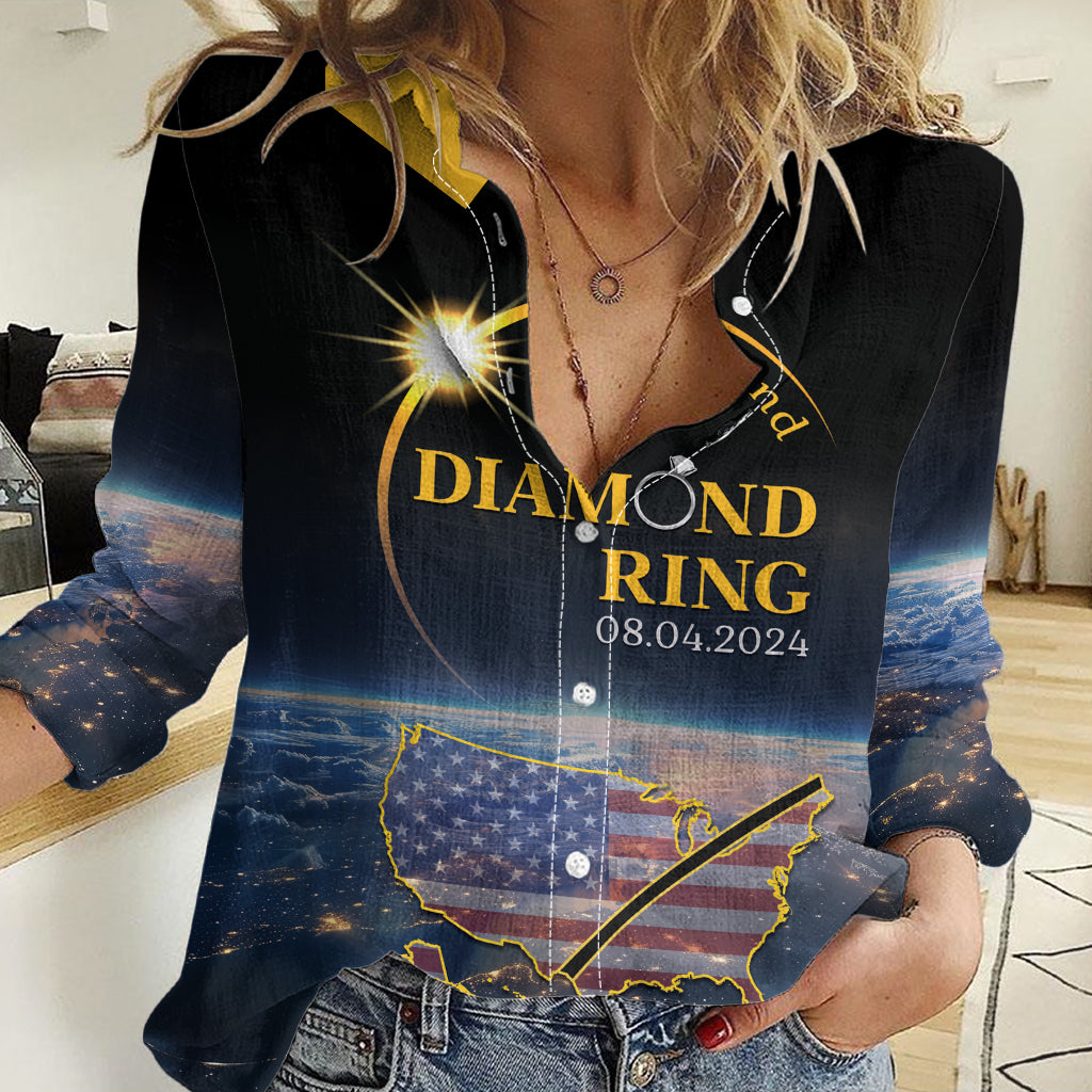 Personalized Total Solar Eclipse 2024 Women Casual Shirt My 2nd Diamond Ring - Wonder Print Shop