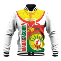 White baseball jacket with ribbed collar, cuffs, and Madagascar Independence Day graphic