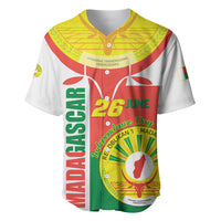 White baseball jersey with green and red graphic, '26 June' text and Madagascar map