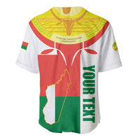 White baseball jersey with green vertical text, red flag panel, and Madagascar map