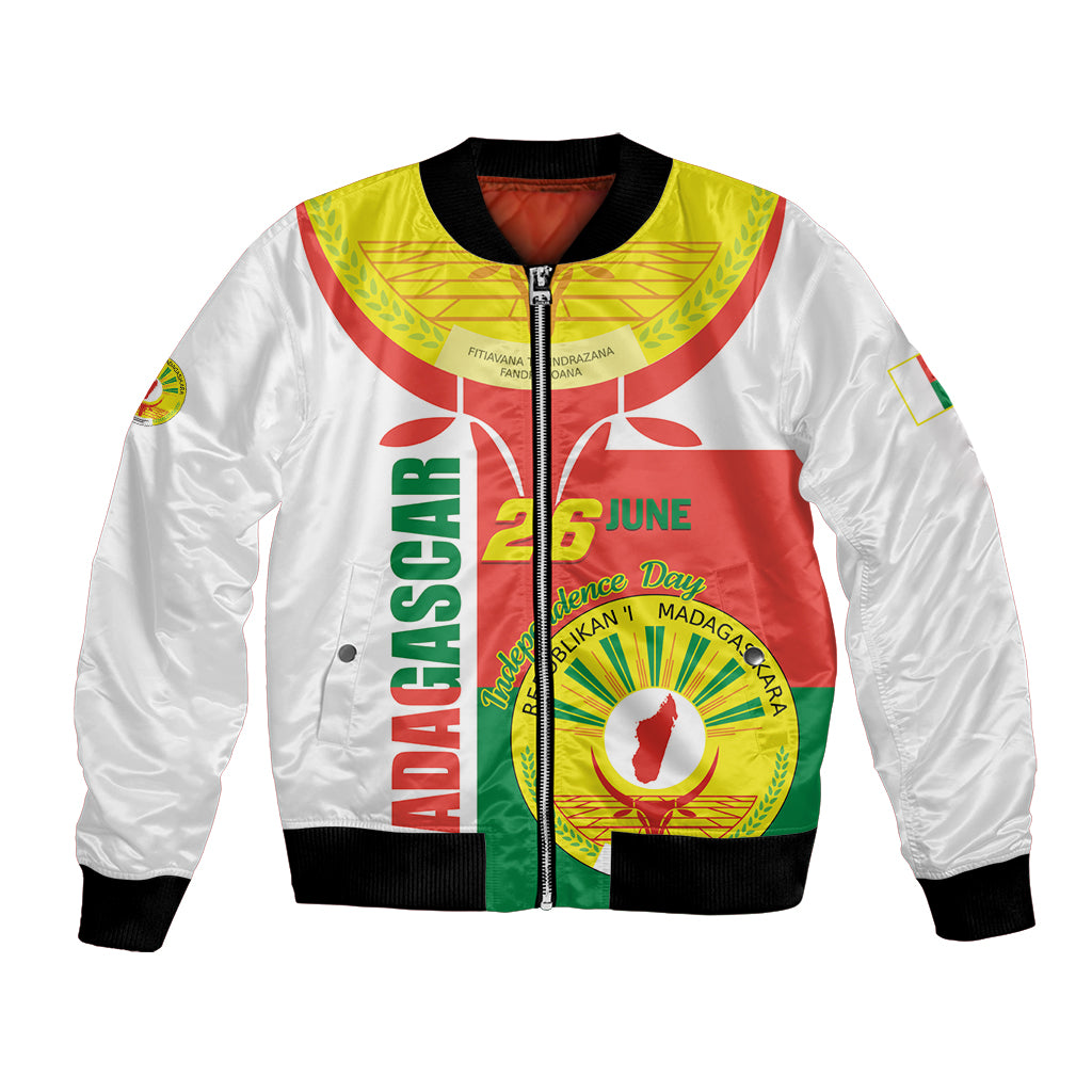 Unisex white bomber jacket with green/red Madagascar emblem front and ribbed cuffs