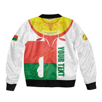 Unisex white bomber jacket with Madagascar map flag print and ribbed cuffs