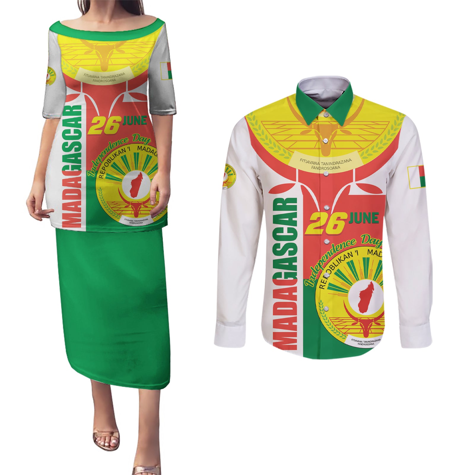 Madagascar Independence Day Couples Matching Puletasi and Long Sleeve Button Shirt Madagasikara June 26 - Wonder Print Shop