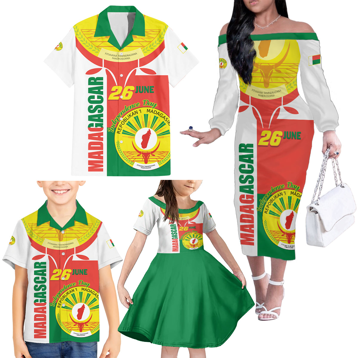 Madagascar Independence Day Family Matching Off The Shoulder Long Sleeve Dress and Hawaiian Shirt Madagasikara June 26 - Wonder Print Shop