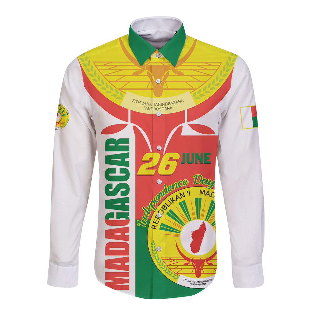 Unisex white long-sleeve button shirt with green/yellow collar and Independence Day print