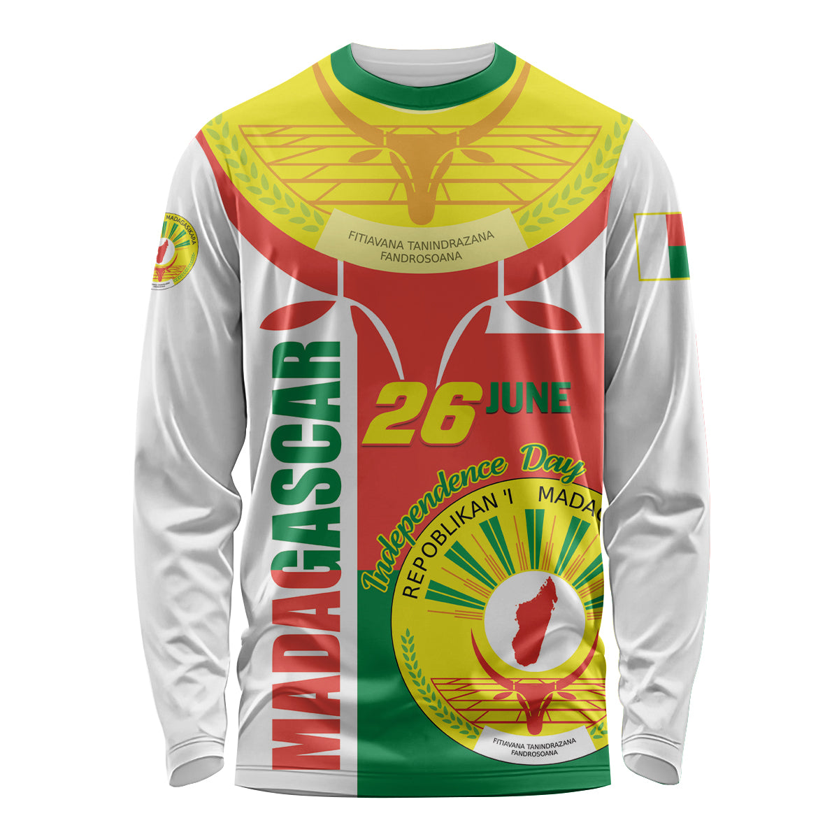 Unisex white long-sleeve shirt with green collar, Madagascar June 26 independence graphic