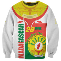 Unisex white crewneck sweatshirt with Independence Day Madagascar poster graphic