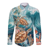Personalized Caribbean Sea Turtle Long Sleeve Button Shirt Fantastic Ocean Waves