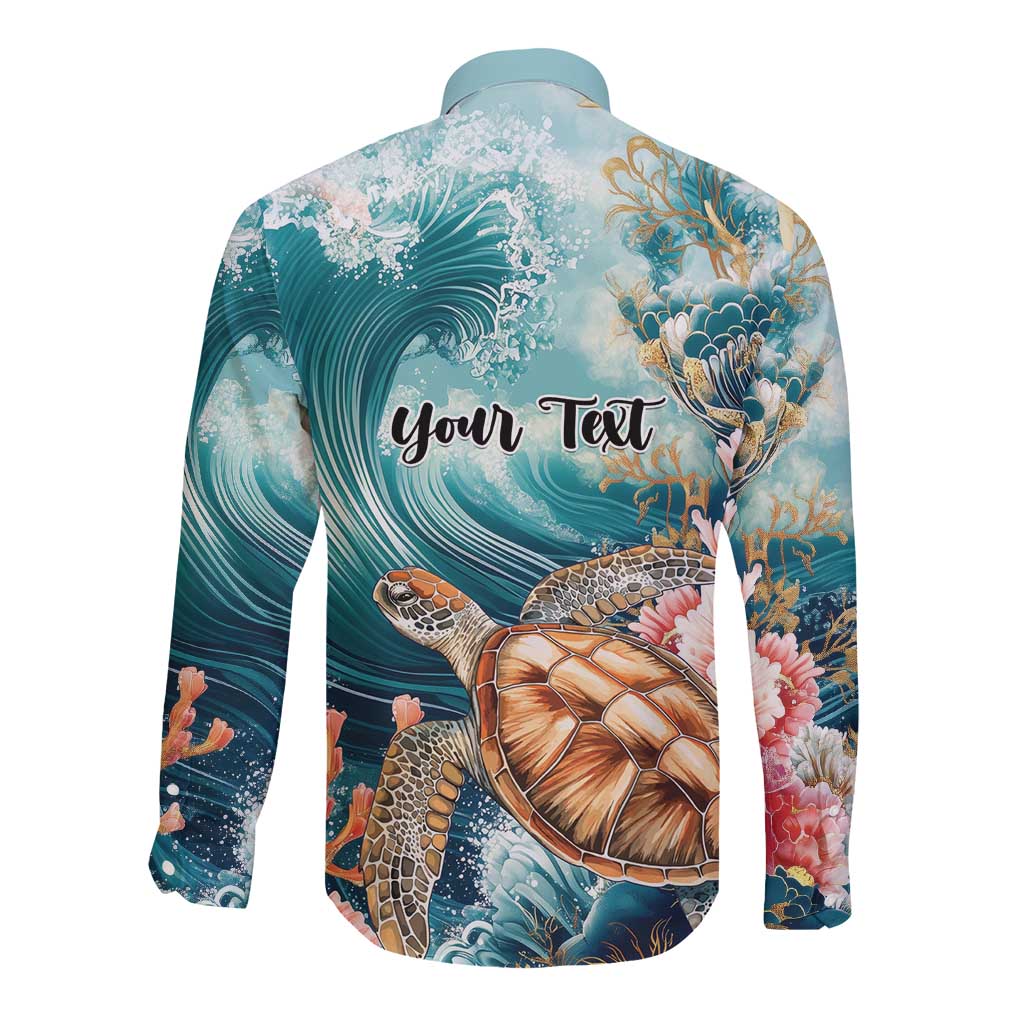 Personalized Caribbean Sea Turtle Long Sleeve Button Shirt Fantastic Ocean Waves