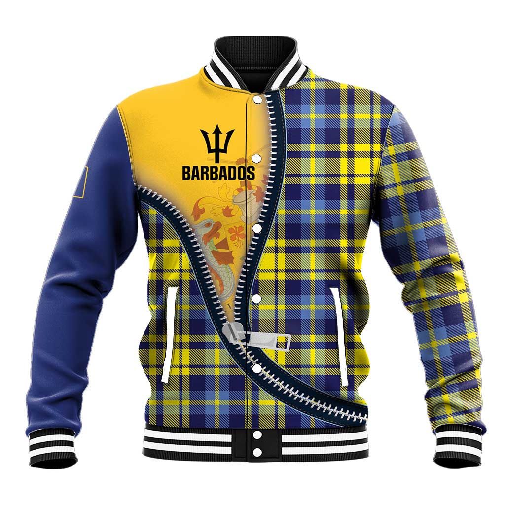 Unisex baseball jacket in yellow and blue plaid with front zipper and ribbed cuffs