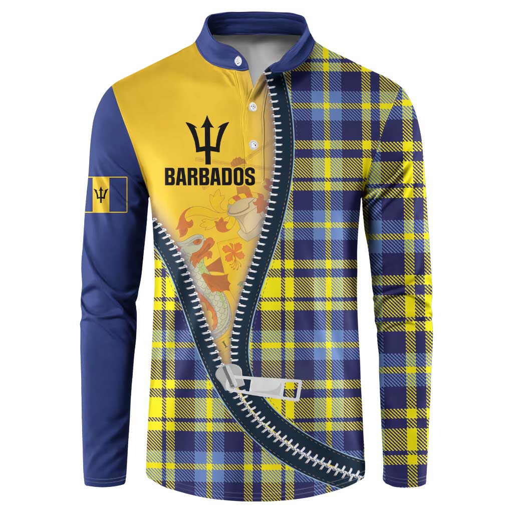 Yellow and navy tartan plaid zip-up sweatshirt with Barbados logo graphic