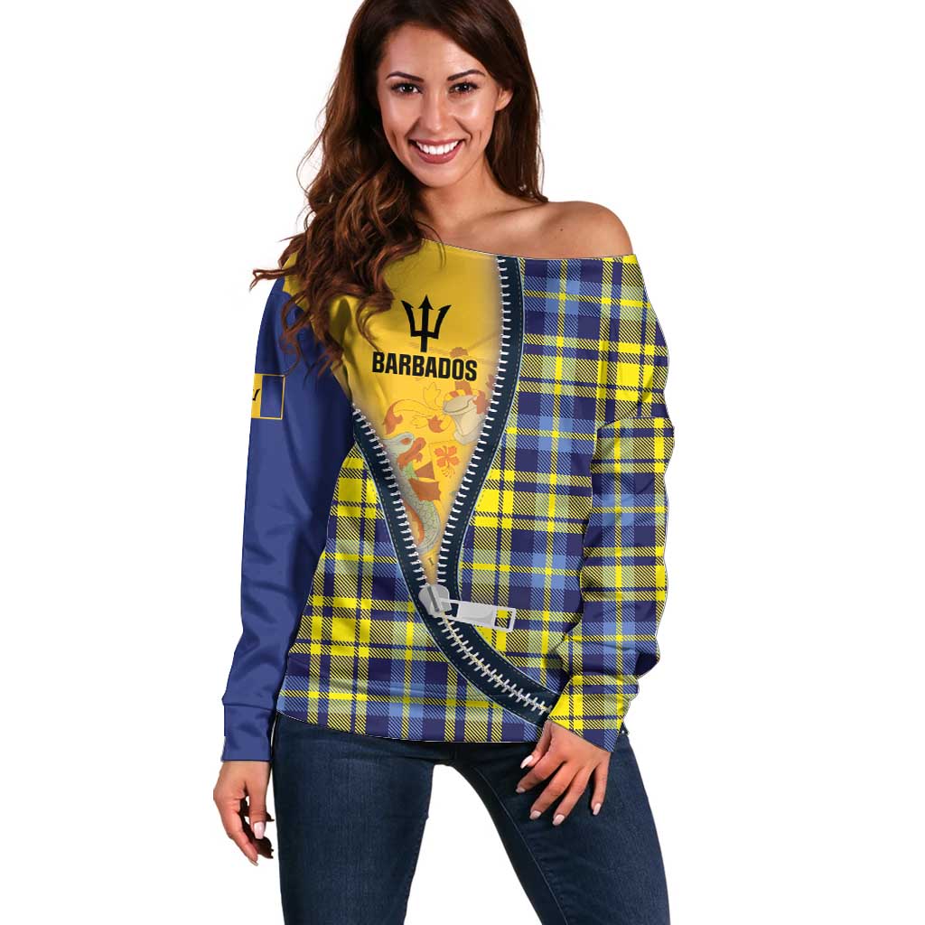 Barbados Celtic Festival Off Shoulder Sweater Yellow Blue Tartan Zipper Stylized
