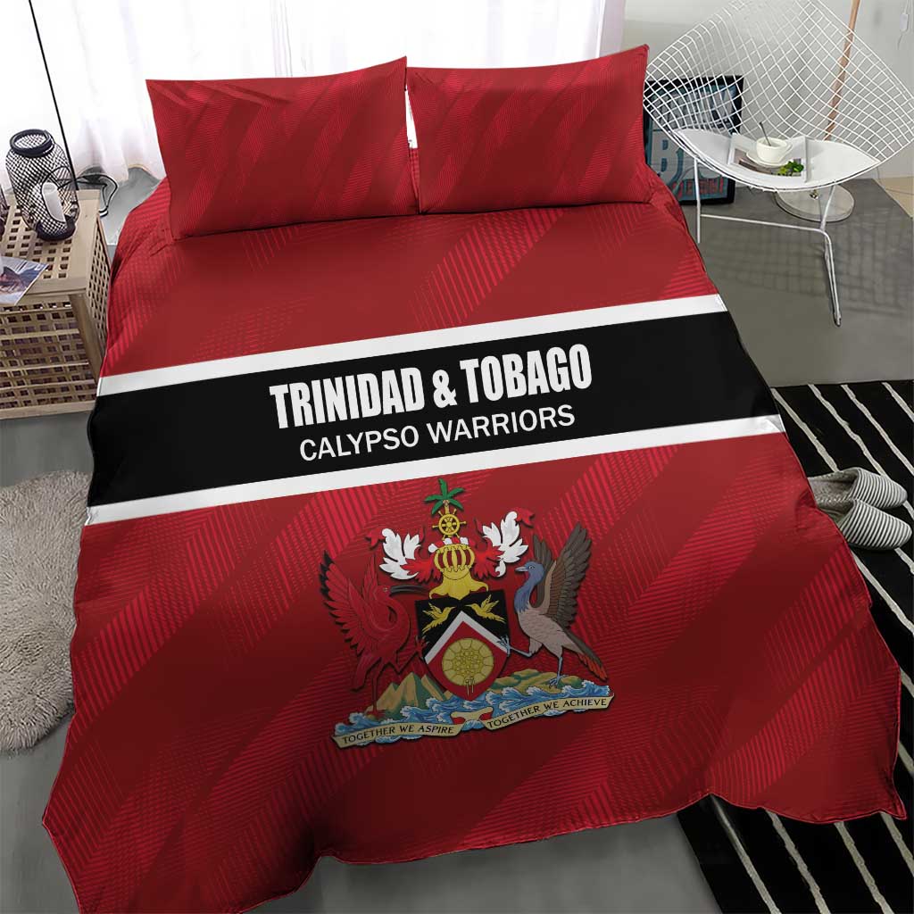 Red bedding set with duvet cover and two pillowcases, black/white band and crest emblem