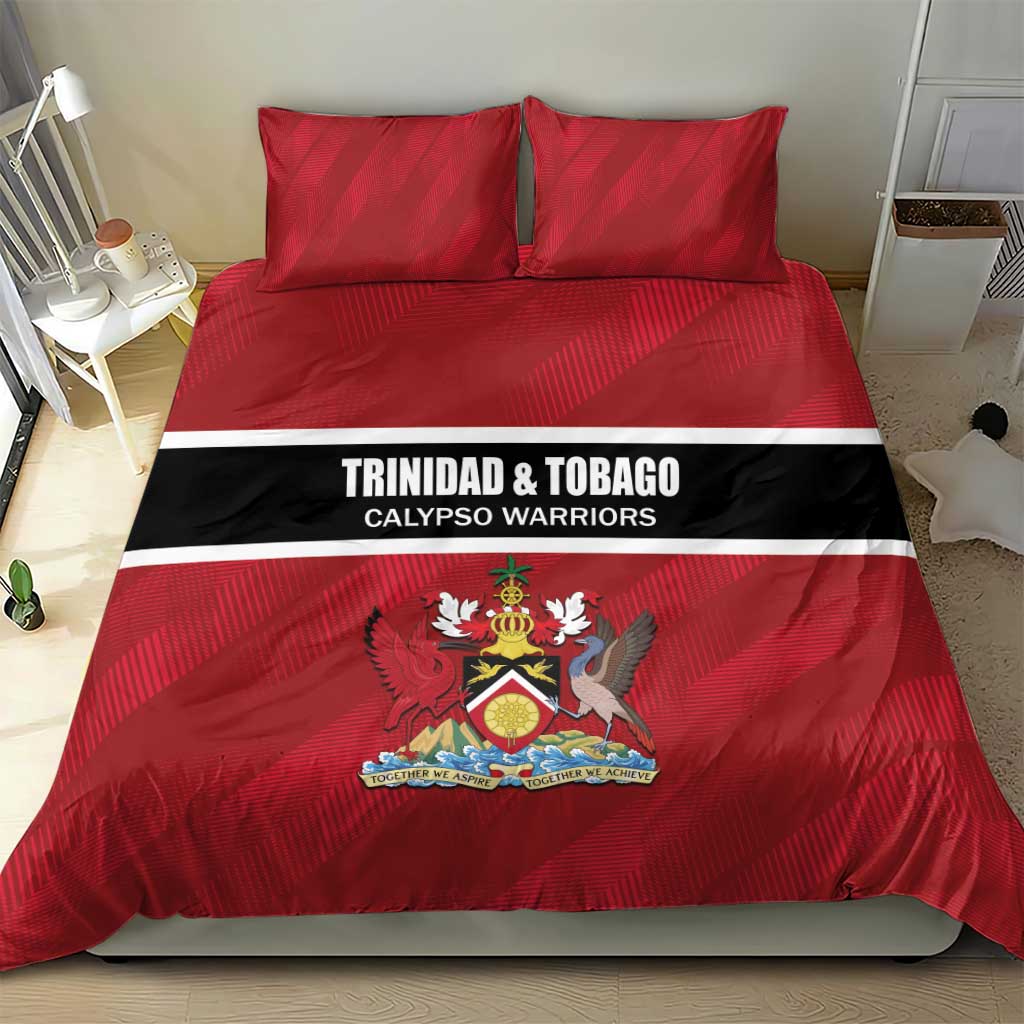 Red bedding set with duvet cover and two pillowcases, crest logo over red striped fabric