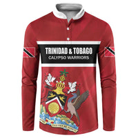 Red rugby button sweatshirt with white collar, Trinidad & Tobago logo, crest graphic