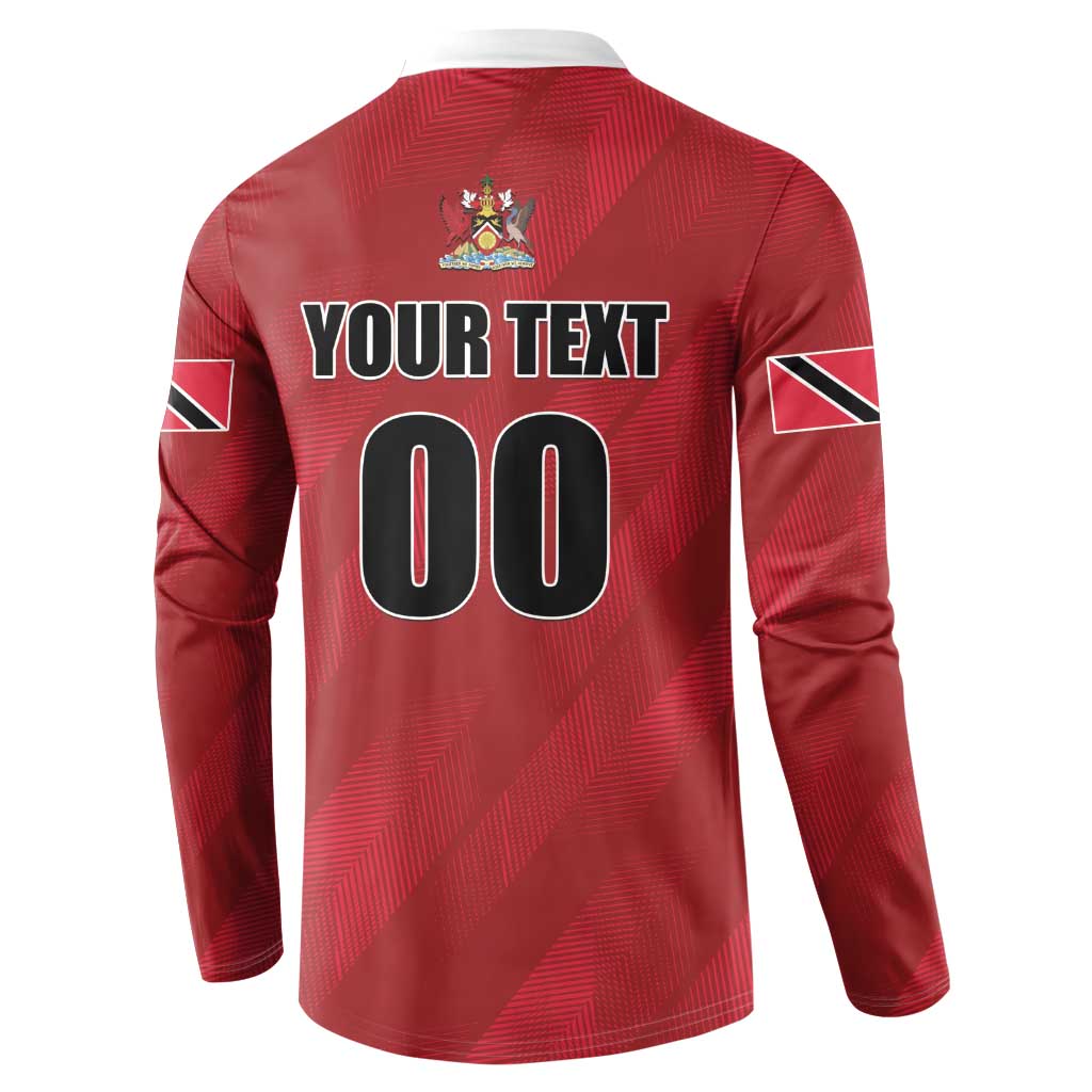 Red back of rugby button sweatshirt with “YOUR TEXT 00” and small top crest