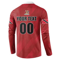 Red back of rugby button sweatshirt with “YOUR TEXT 00” and small top crest