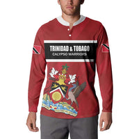 Red rugby button sweatshirt on model, front shows Trinidad & Tobago crest and text