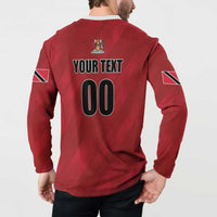 Red rugby button sweatshirt back view on model with “YOUR TEXT 00” and crest
