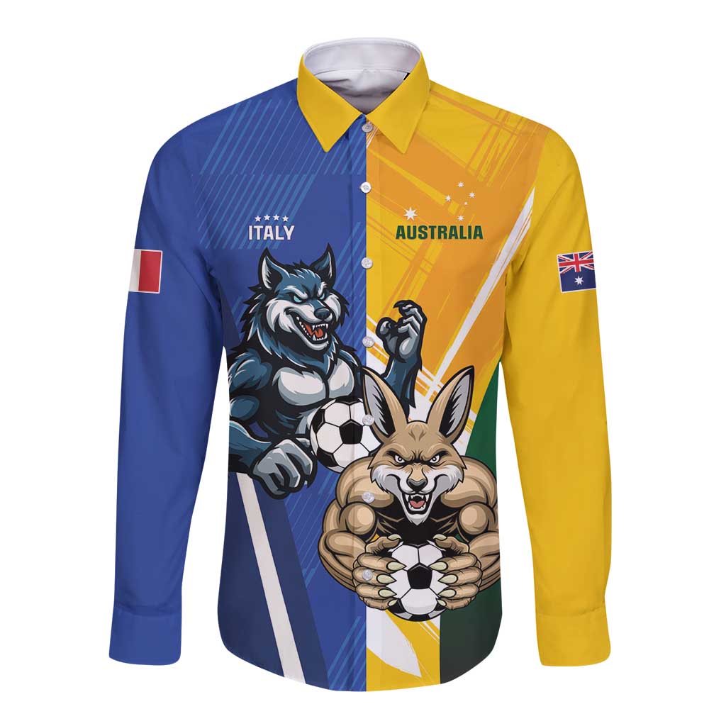 Long-sleeve soccer button shirt with Italy/Australia crests and mascot graphic on blue-yellow