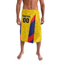 Yellow custom football shorts with front number graphic and side stripe panel