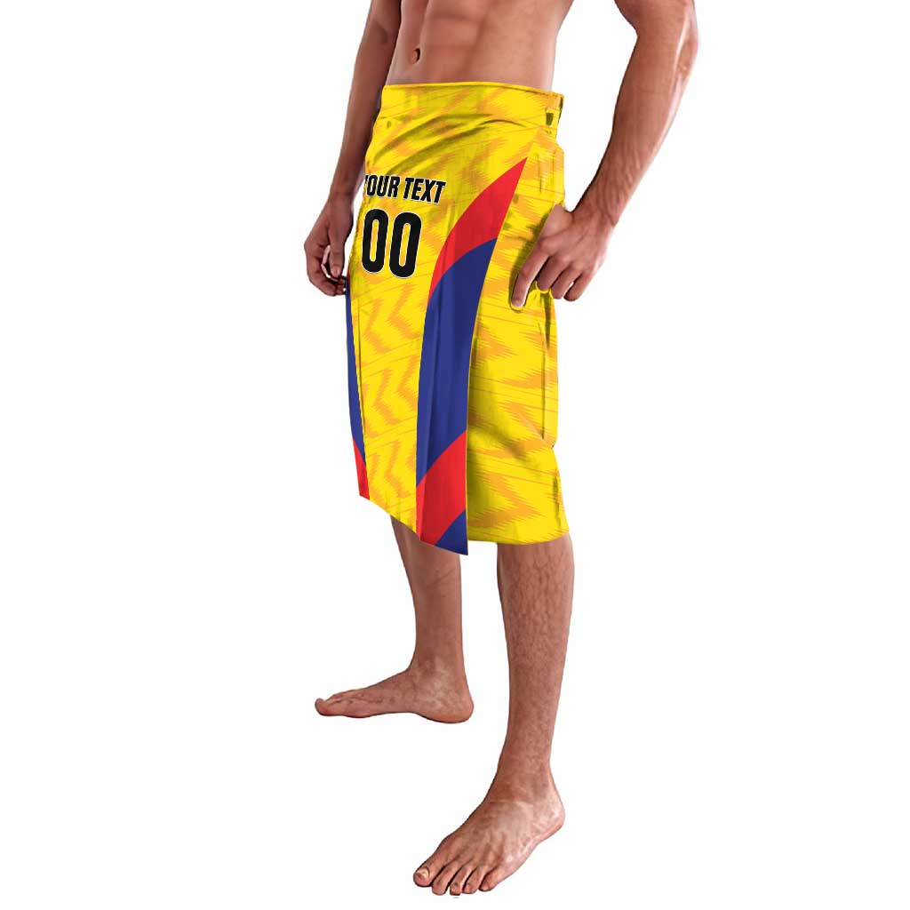 Yellow custom football shorts side view with number graphic and blue/red stripe