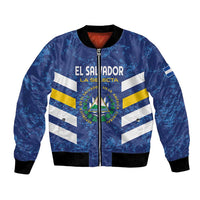 Blue football bomber jacket with full-zip front, ribbed collar, and crest graphic