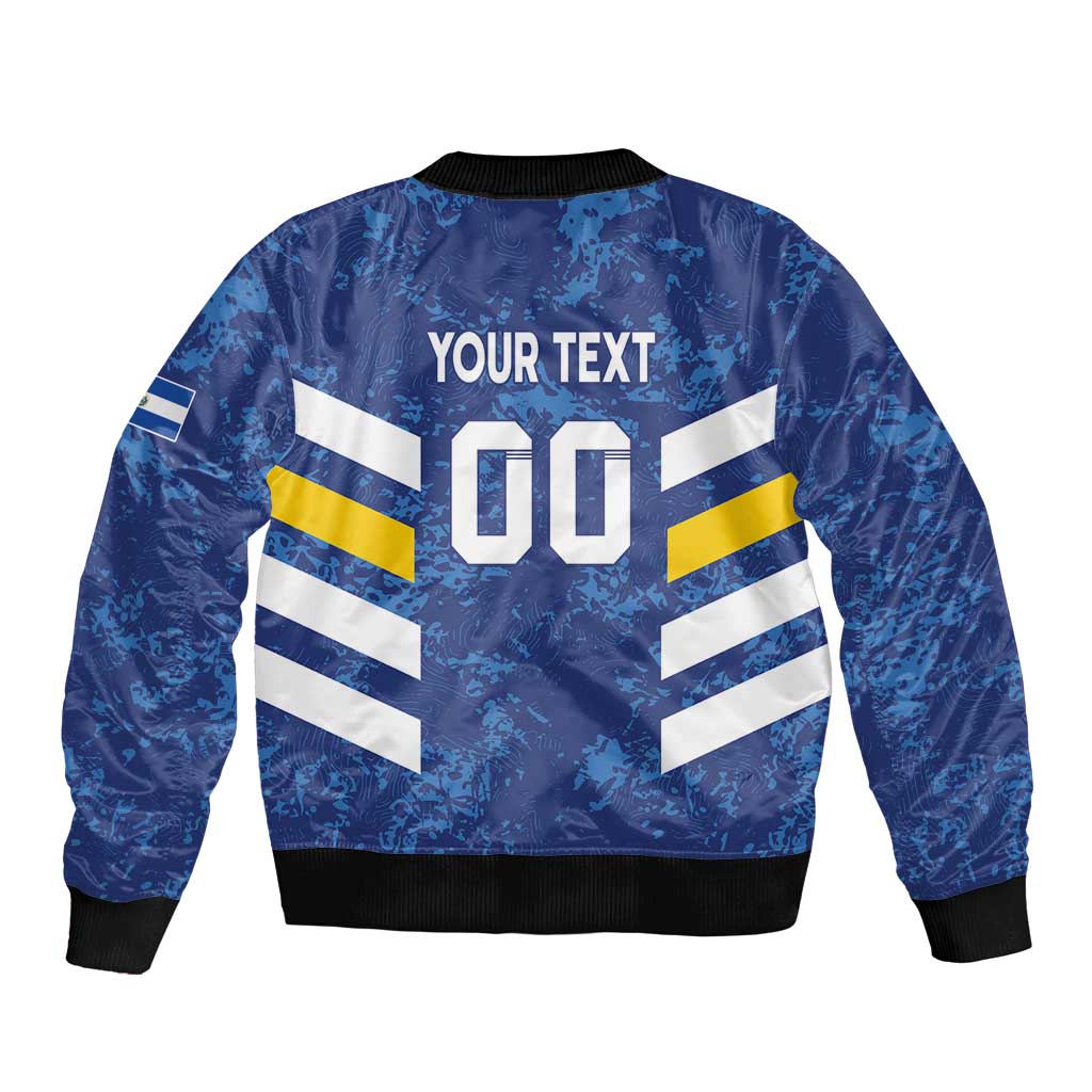 Blue bomber jacket back with YOUR TEXT print, number 00, striped design