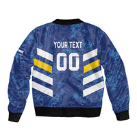 Blue bomber jacket back with YOUR TEXT print, number 00, striped design