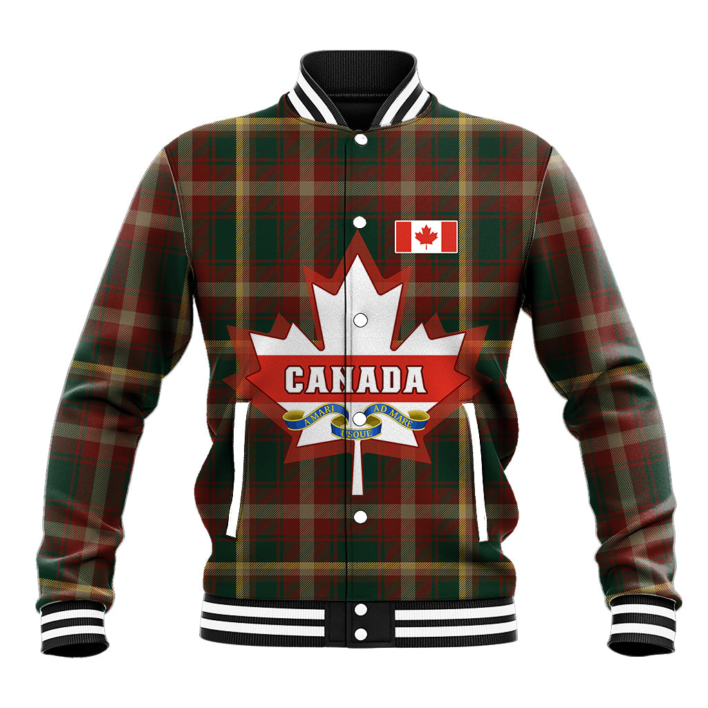 Tartan plaid Canada-themed varsity baseball jacket with snap front, ribbed collar and cuffs