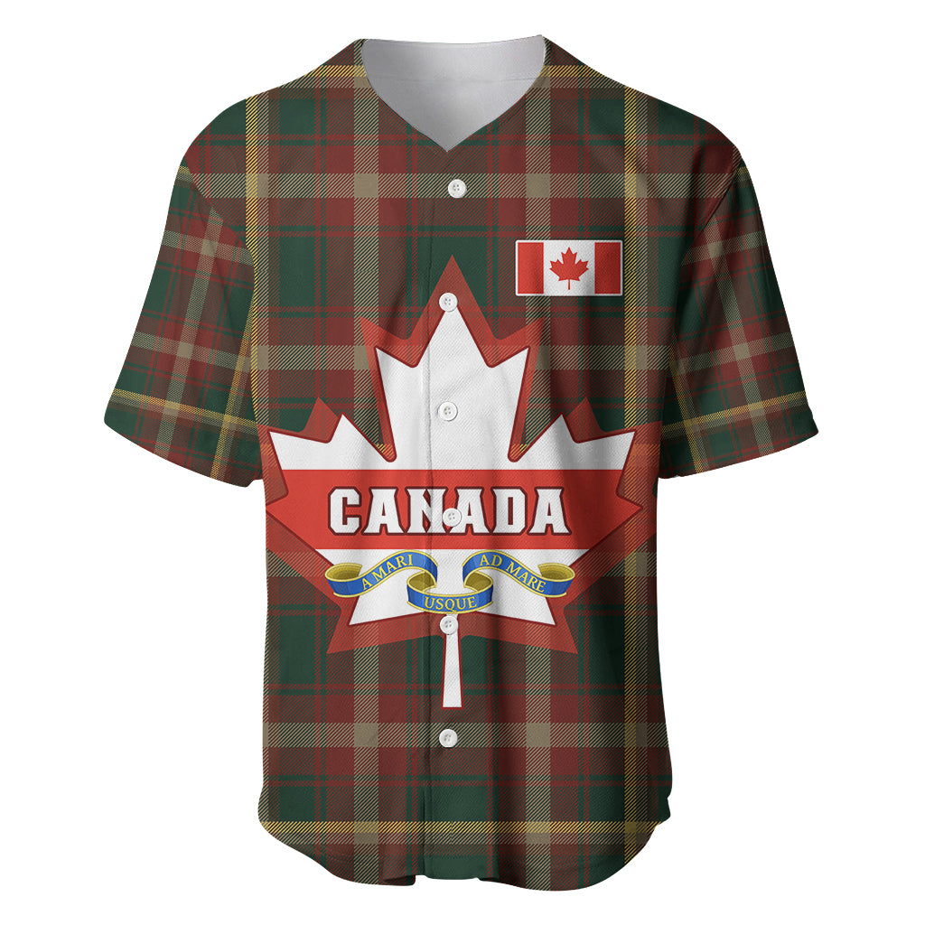 Plaid baseball jersey with Canada emblem, maple leaf flag badge, button front