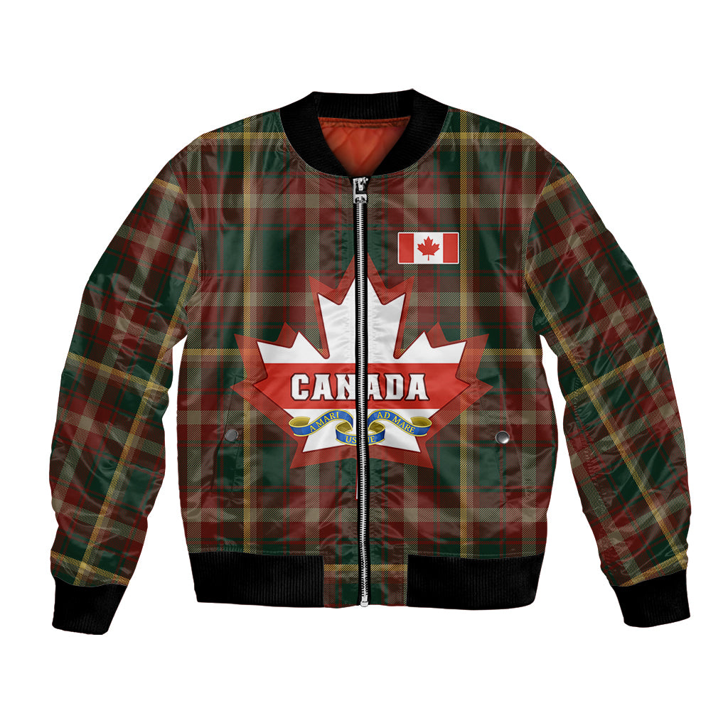Unisex bomber jacket in green and red tartan with front zipper and Canada maple emblem