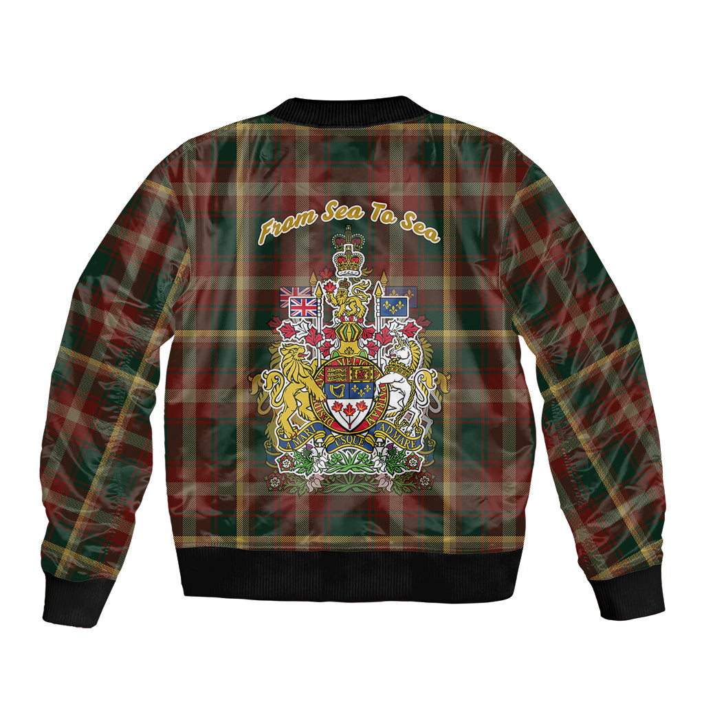 Unisex bomber jacket in green red tartan with back crest and 'From a sea to sea' print