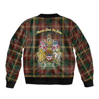 Unisex bomber jacket in green red tartan with back crest and 'From a sea to sea' print