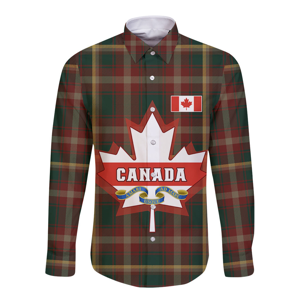 Unisex long-sleeve button shirt, green red plaid, front Canada maple leaf graphic