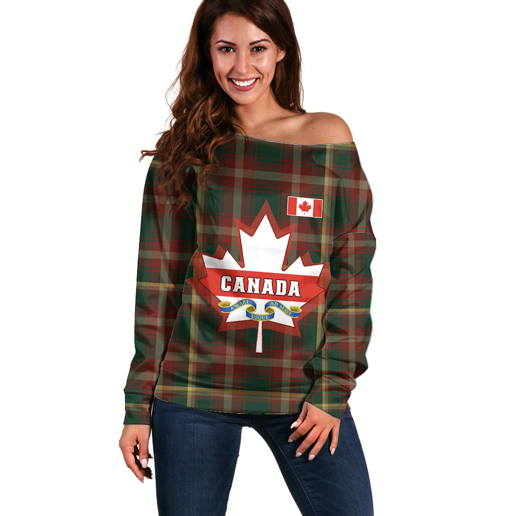 Canada Off Shoulder Sweater Canadian Coat Of Arms Mix Maple Leaf Tartan - Wonder Print Shop