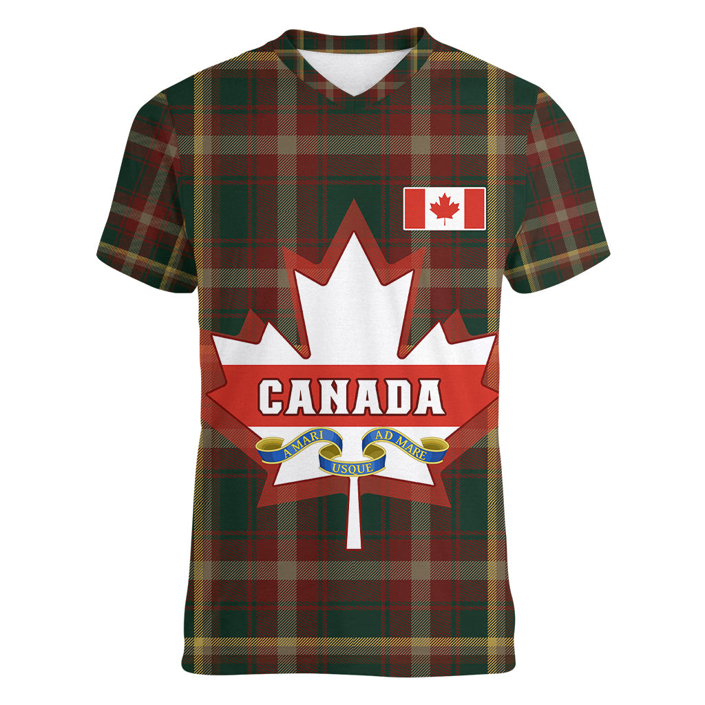 Canada Women V Neck T Shirt Canadian Coat Of Arms Mix Maple Leaf Tartan - Wonder Print Shop