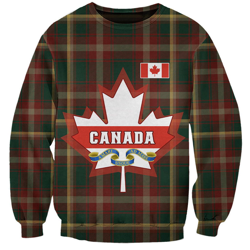 Unisex crewneck sweatshirt with green plaid and Canada maple leaf emblem front