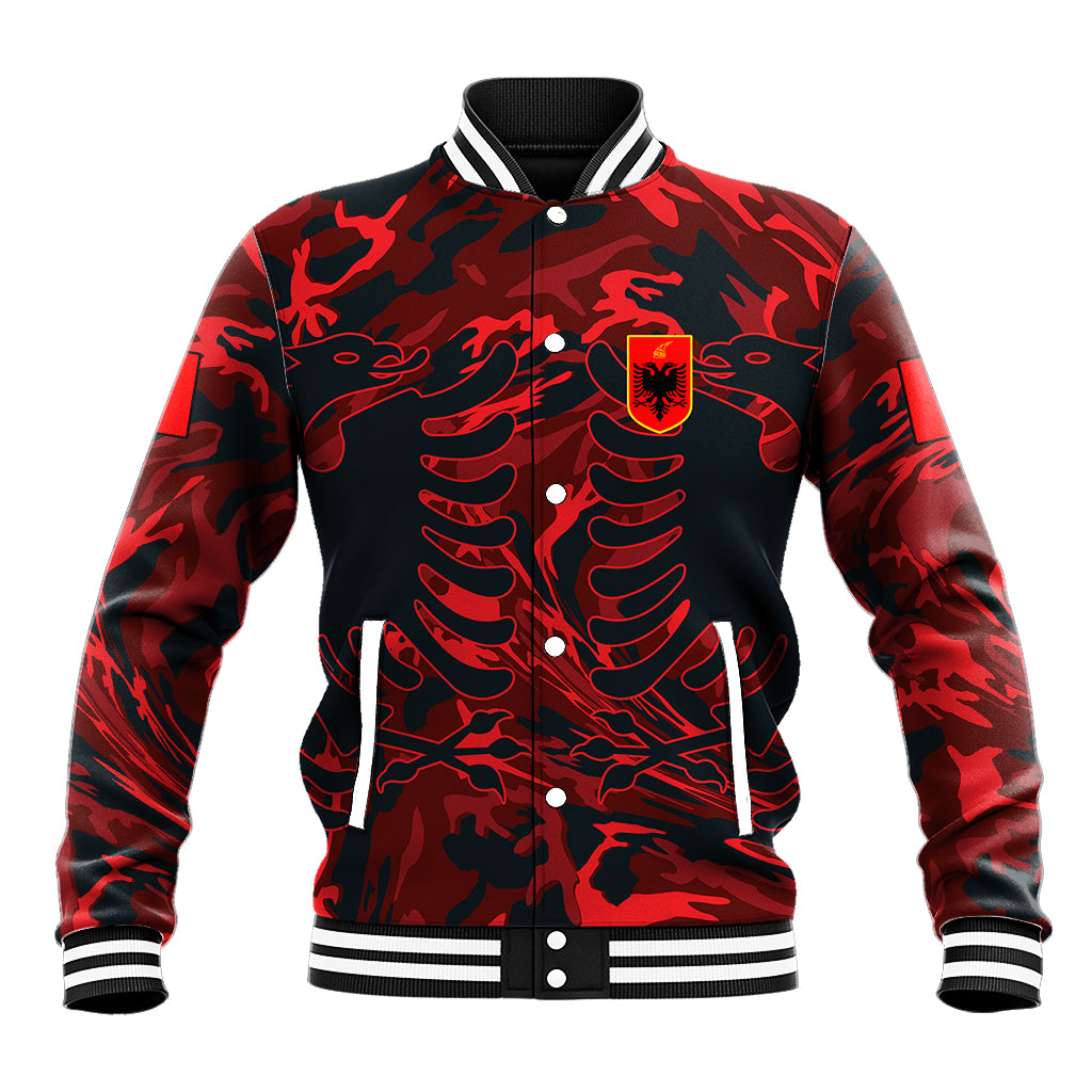 Unisex baseball jacket with red-and-black camouflage print, button front, striped rib trim