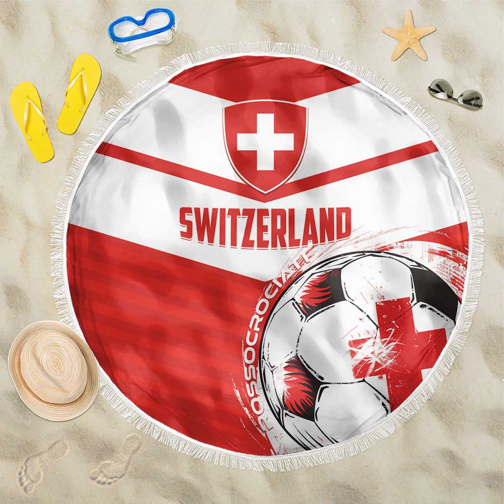 Round Switzerland football beach blanket with red-and-white stripes, Swiss cross and soccer ball