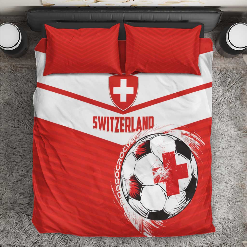 Red and white Switzerland themed bedding set featuring Swiss cross and soccer ball print