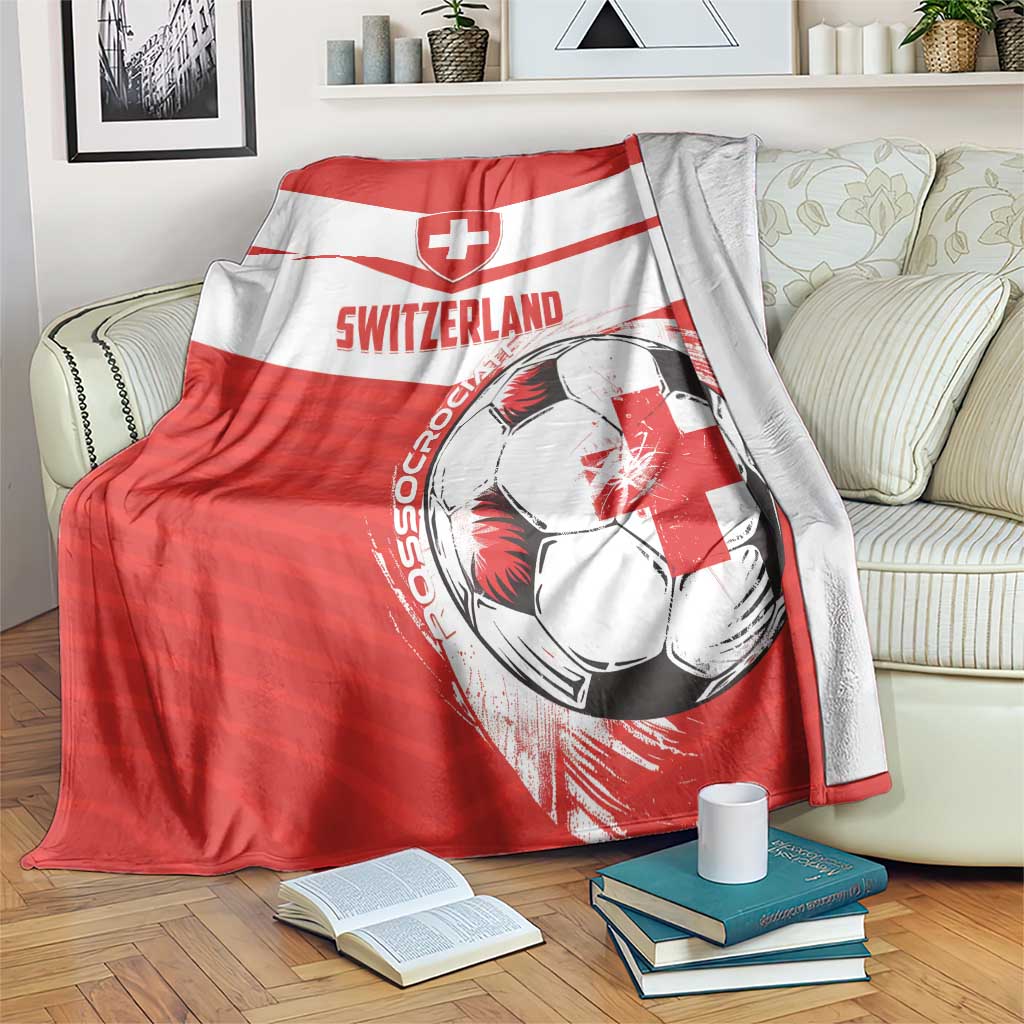 Red and white Switzerland football blanket with Switzerland text, cross, and soccer ball graphic