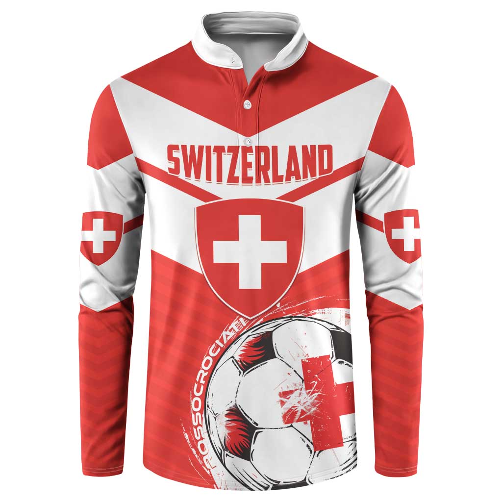 Red and white button-up football sweatshirt with Switzerland crest and soccer ball graphic